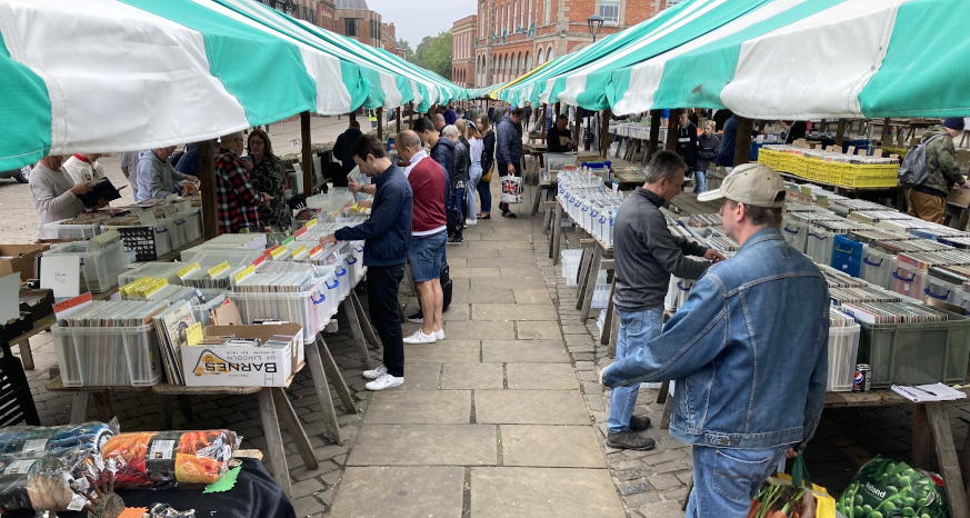 Stalls and traders in Main Square at the Chesterfield Record Fair