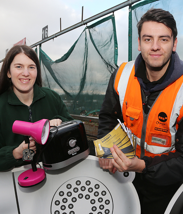 Louise Bradley Waste Development Officer and Dan Rose Recycling Adviser giving out golden ticketsside