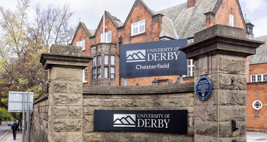 University of derby sign, outside the St. Helena Campus in Chesterfield
