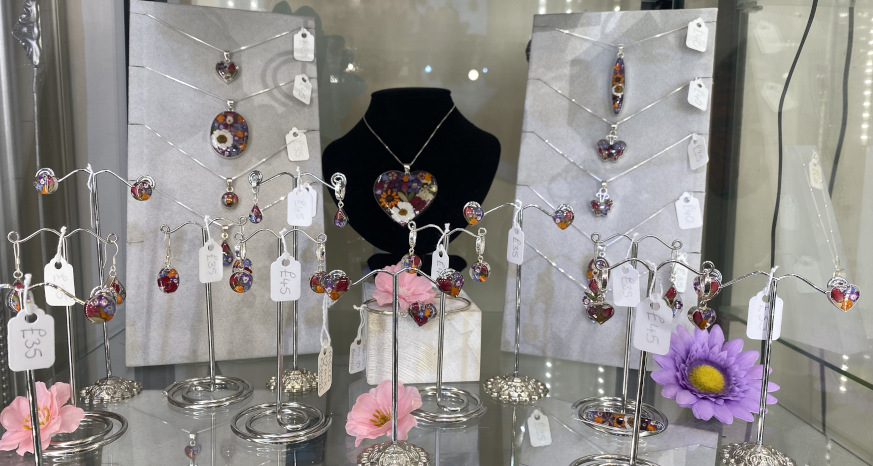 Flower jewellery on display at Adorn Jewellers