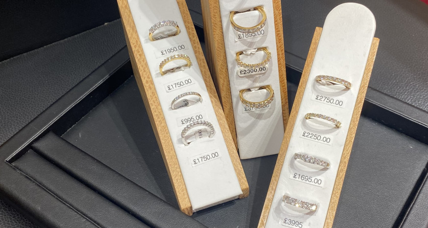 Rings on display at John Stevenson Jewellers in Chesterfield
