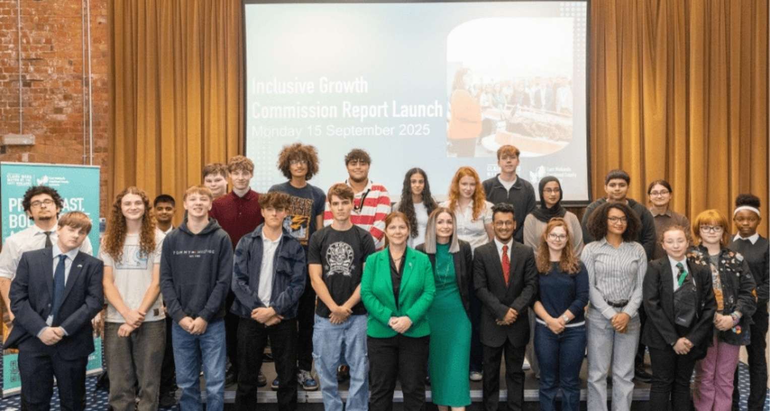 East Midlands Mayor with young people at launch of Inclusive Growth Commission Report - Image by EMCCA