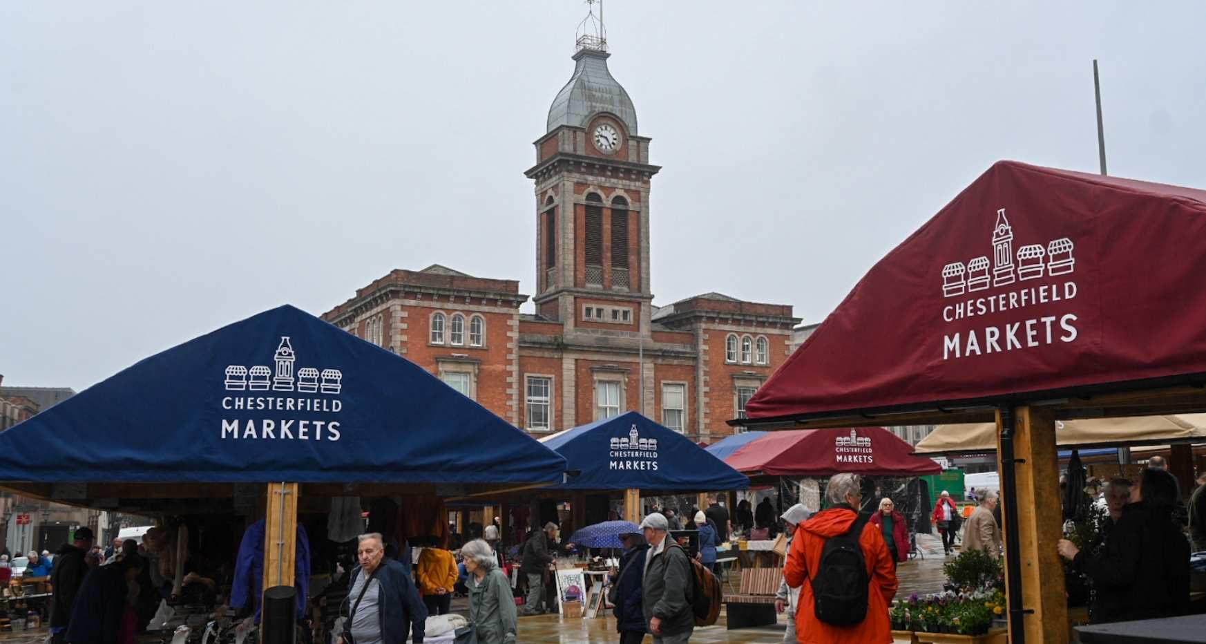 People walking around Chesterfield Market with Chesterfield Market Hall in the background