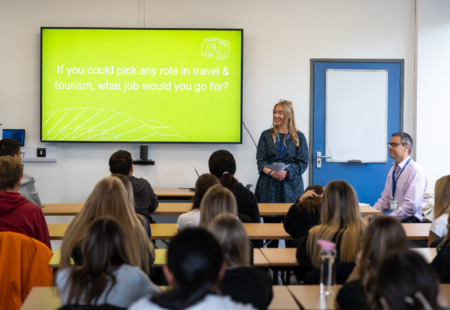 Mollie speaking at college event