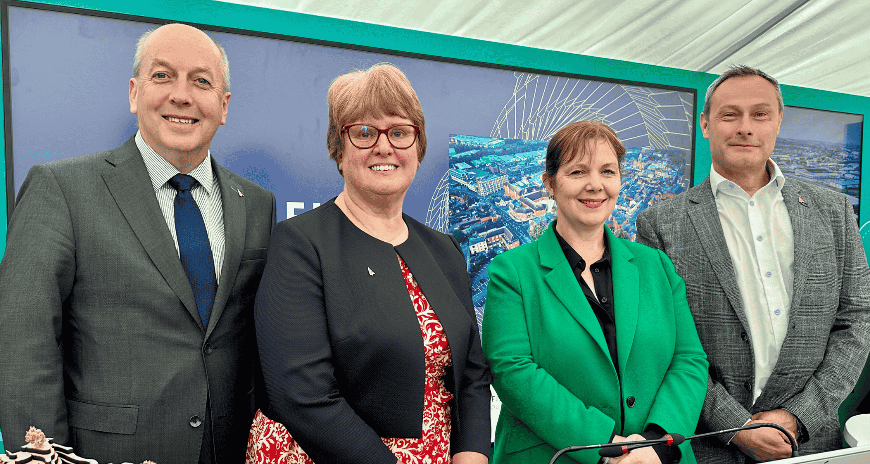 Dr Huw Bowen, Cllr Tricia Gilby, Mayor Claire Ward and Andrew Byrne at the East Midlands Pavillion at UKREiiF,