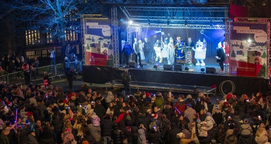 Crowds watching Chesterfield Christmas Lights Switch On Stage show