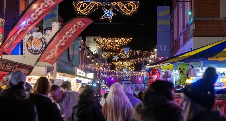Crowds in Chesterfield Town Centre for Christmas Lights Switch on