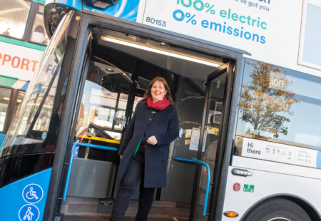 Mayor Claire getting off a bus