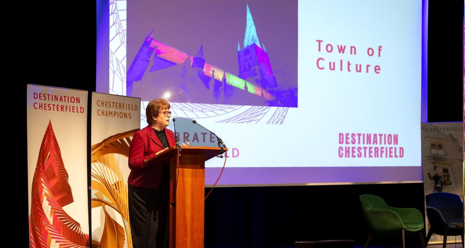 Cllr Tricia Gilby on stage presenting at the Celebrate Chesterfield Business Event