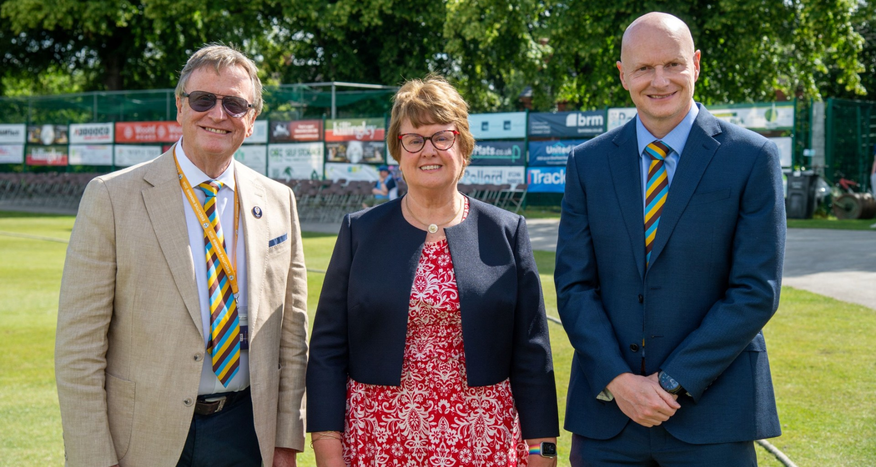 (L-R) Derbyshire County Cricket Club Chair Ian McFarlane, Councillor Tricia Gilby and Derbyshire BRM Chesterfield Festival of Cricket County Cricket Club Chief Executive Ryan Duckett