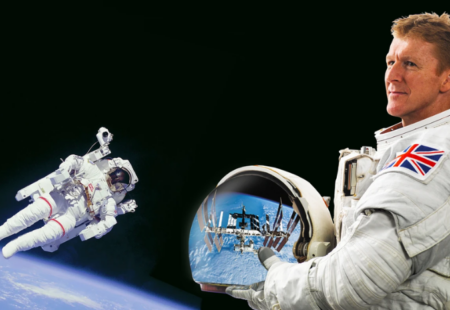 Tim Peake in astronaut outfit in outer-space