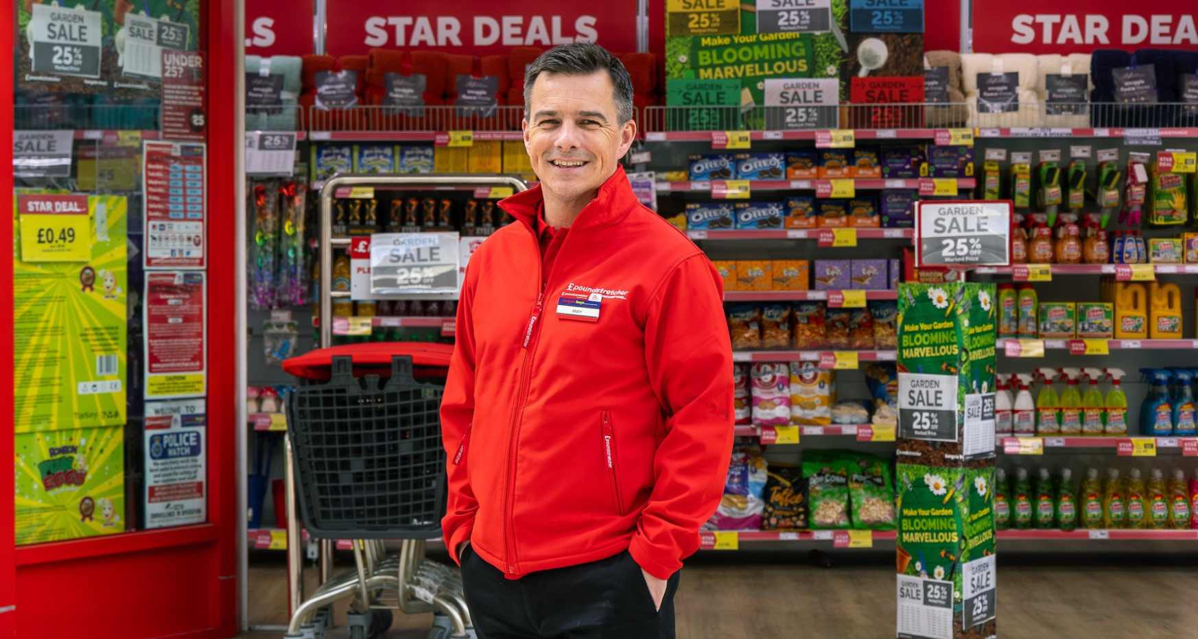 Poundstretcher man outside building