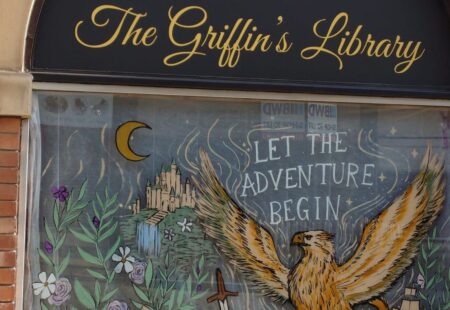 Shop exterior of The Griffin's Library in Chesterfield town centre
